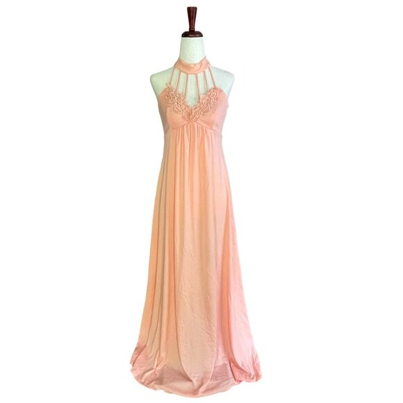Vintage Halter Neck Lace Long Prom Maxi Formal Dress 1970s Peach Size XS 0 2 - Picture 1 of 6
